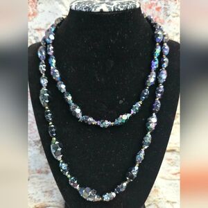 Vintage 1950s Blue & Purple Iridescent Glass Bead Necklace -